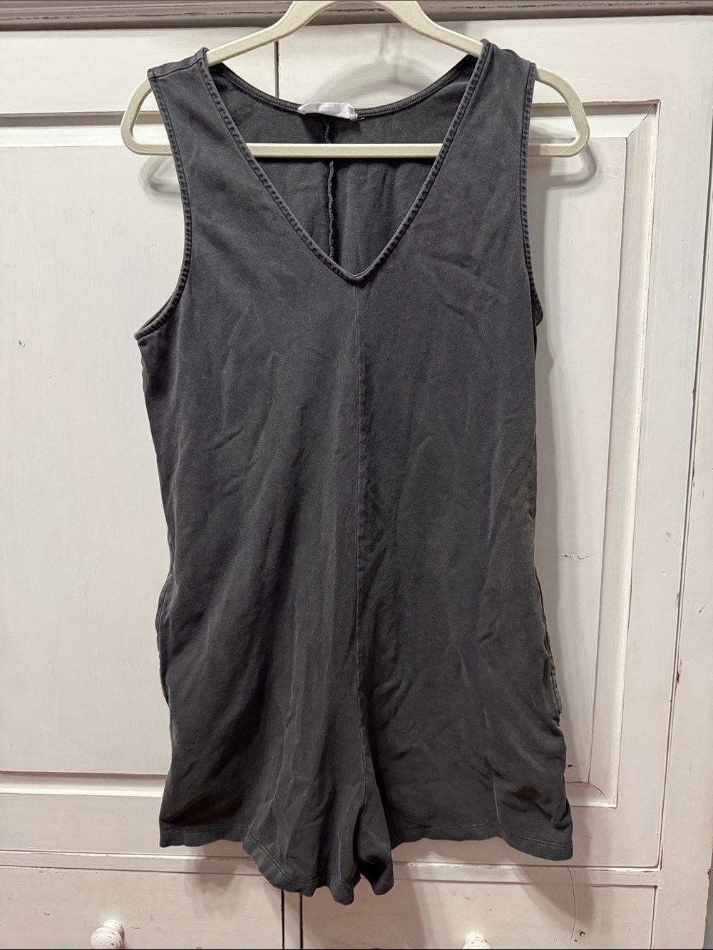 Double Zero Black V-Neck Sleeveless Tank Romper with Pockets